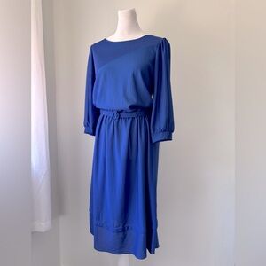 Vintage ‘80s New Division Royal Blue Belted 3/4 Sleeve Blouson Midi Dress